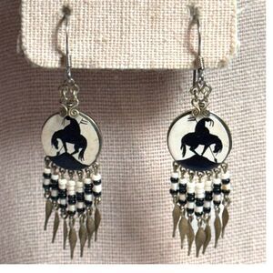 Vintage End Of The Trail Silver & Black Beaded Earrings Silhouette Dangling Drop